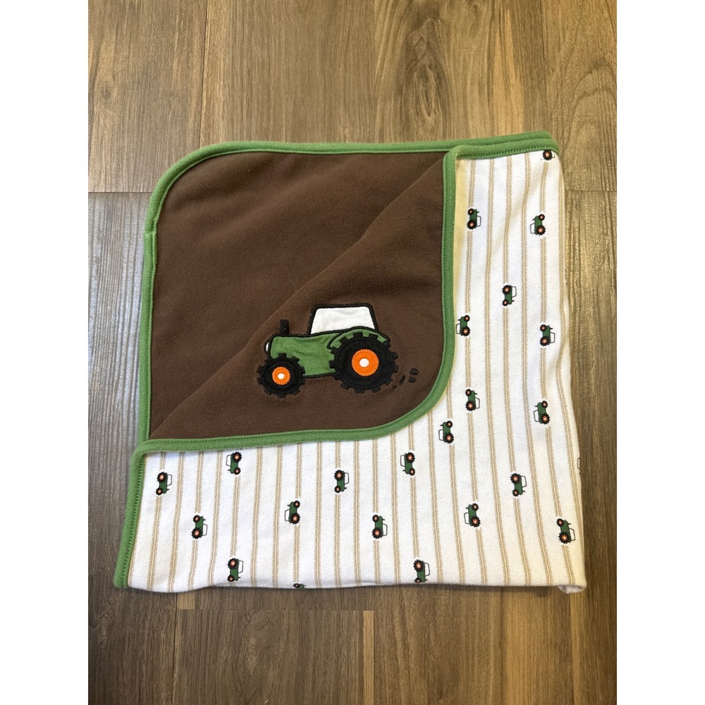 Gymboree 2009 Reversible 100% Cotton Tractor Farmhouse Stripe Blanket Brown